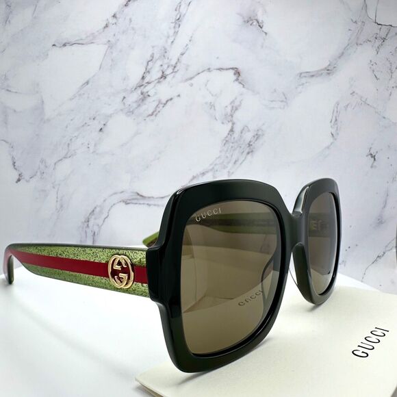 CLASSY New Gucci Sunglasses Black Square Red Green Web Arms Gold Metal GG Logo - Picture 11 of 16